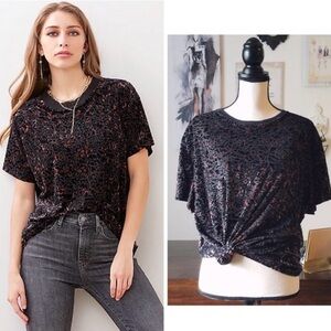 Free People Teddy Tee Black & Bronze Velvet Burnout Cheetah Top Oversized Small